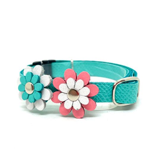 お花レザーの猫首輪|フェアリーブルー|かわいい本革フラワー首輪 |名前入れ