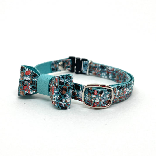 猫 首輪 ピッグレザー 本革|水色ツイード|リボン|セーフティバックル|BLUEGE