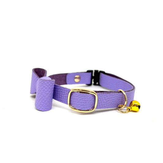 猫 首輪 革製|ライラック ラベンダー|リボン|セーフティバックル|名前入れ|BLUEGE