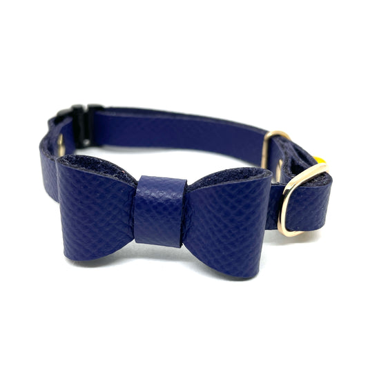 猫 首輪 革製|インクブルー|リボン|セーフティバックル|名前入れ|BLUEGE