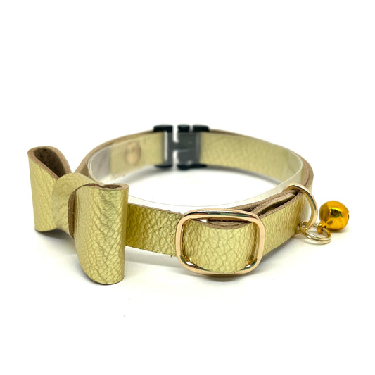 猫 首輪 本革|ゴールド|リボン付き|セーフティバックル|BLUEGE