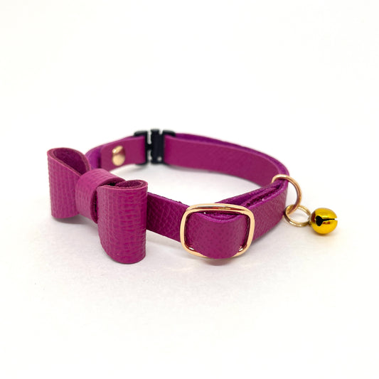 猫 首輪 革製 |ローズパープル|リボン付き|セーフティバックル|名前入れ|BLUEGE