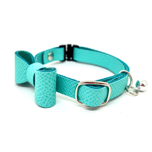 猫 首輪 本革|フェアリーブルー |リボン|セーフティバックル|名前入れ|BLUEGE