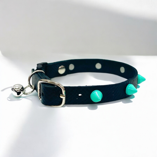 Studded Collar/Black x Mint | Stylish Genuine Leather Cat Collar