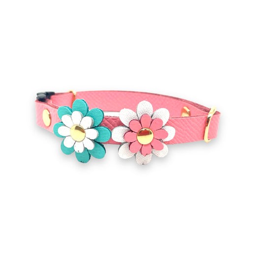 お花レザーの猫首輪|ピンク|かわいい本革フラワー首輪|名前入れ