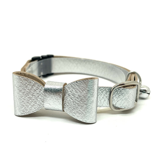 猫 首輪 革製 シルバー リボン付き|セーフティバックル仕様|BLUEGE