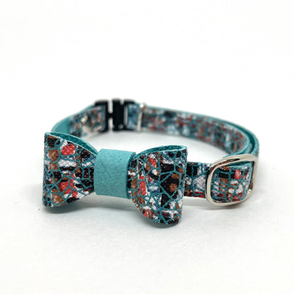 猫 首輪 ピッグレザー 本革｜水色ツイード｜リボン｜セーフティバックル｜BLUEGE