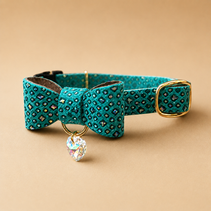猫 首輪 本革｜ジュエルグリーン｜リボン｜セーフティバックル｜BLUEGE