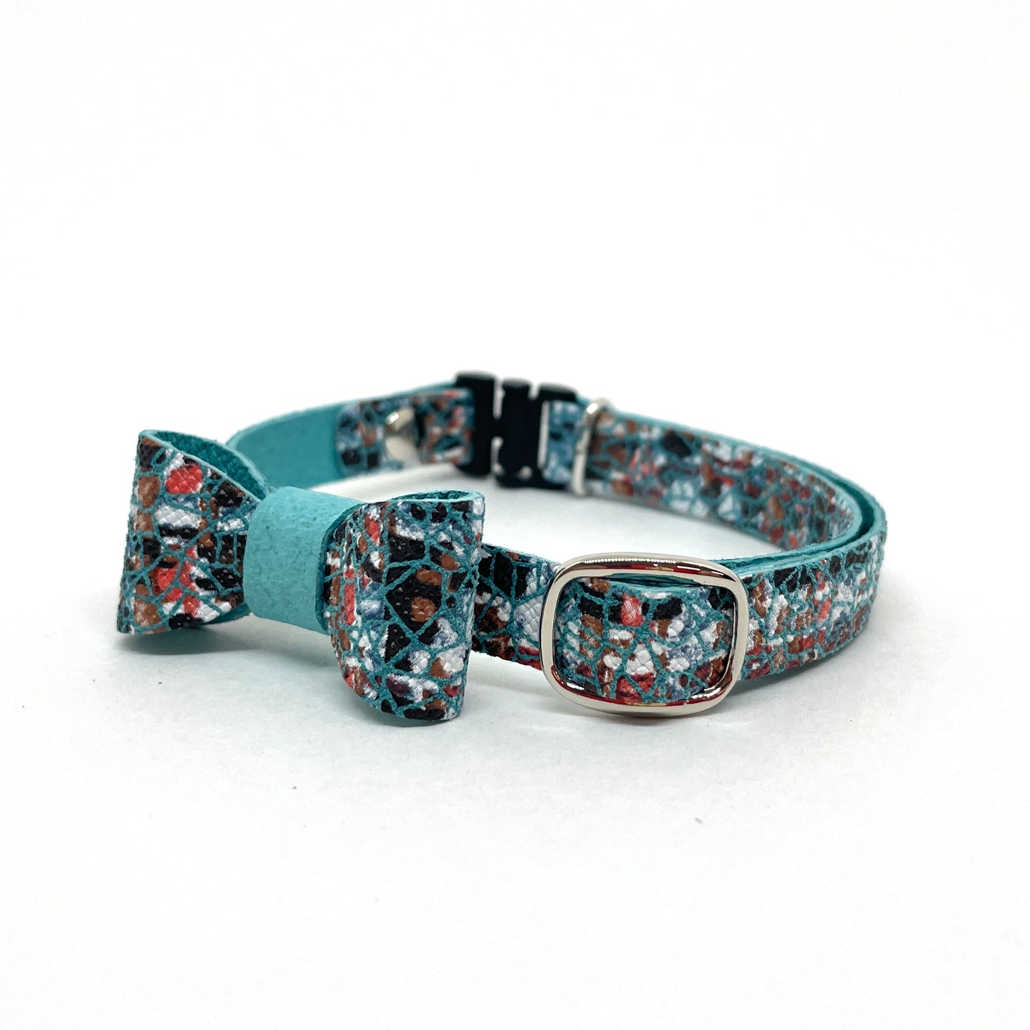 猫 首輪 ピッグレザー 本革｜水色ツイード｜リボン｜セーフティバックル｜BLUEGE