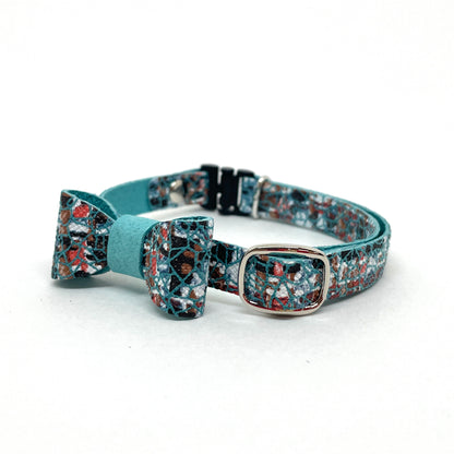 猫 首輪 ピッグレザー 本革｜水色ツイード｜リボン｜セーフティバックル｜BLUEGE