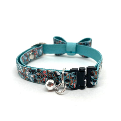 猫 首輪 ピッグレザー 本革｜水色ツイード｜リボン｜セーフティバックル｜BLUEGE