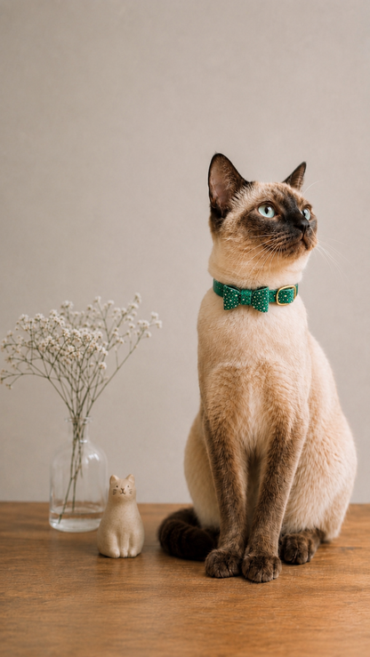猫 首輪 本革｜ジュエルグリーン｜リボン｜セーフティバックル｜BLUEGE