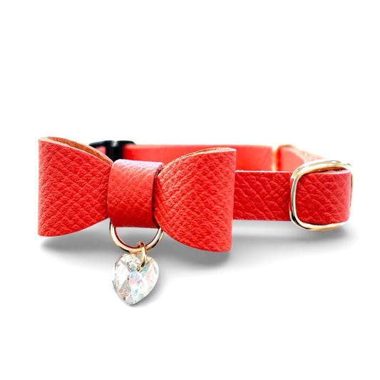 猫 首輪 革製 クリームオレンジ リボン｜クリスタルハートチャーム＆安全バックル仕様｜BLUEGE