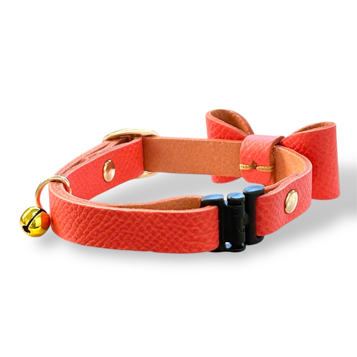 猫 首輪 本革 | クリームオレンジ | リボン付き | セーフティバックル｜名前入れ｜BLUEGE