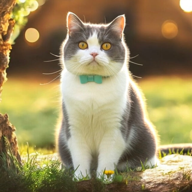 フェアリーブルーの本革リボン猫首輪 着用イメージ（ブリティッシュショートヘア）