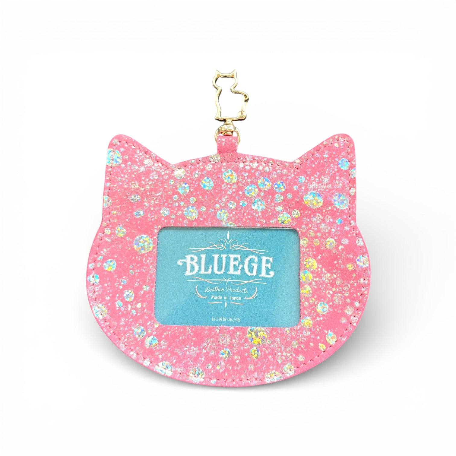 猫型レザーパスケース ピンク 本革 入館証ケース BLUEGE