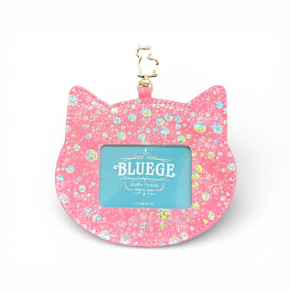 猫型レザーパスケース ピンク 本革 入館証ケース BLUEGE