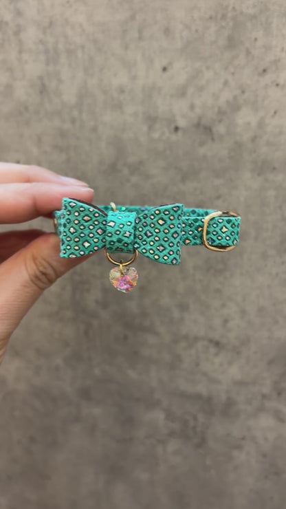 猫 首輪 本革｜ジュエルグリーン｜リボン｜セーフティバックル｜BLUEGE